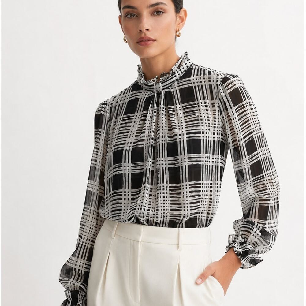 Reiss Sheer Plaid Mock Neck Blouse Black Ivory Ruffle Cuffs NWT Quiet Luxury 2